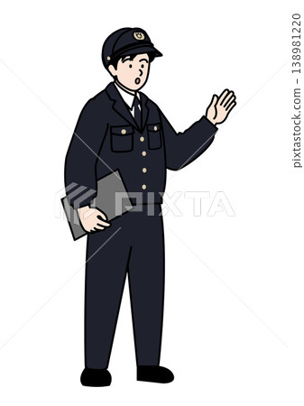 A full-body vector illustration of a police officer in uniform, facing diagonally, speaking to someone. 138981220
