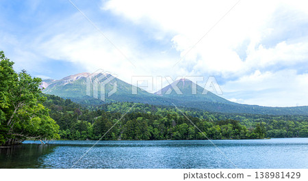 北海道足所町夏季的奧內托湖、梅坎山和阿寒富士山的壯麗景色。 北海道足所町夏季的奧內托湖、梅坎山和阿寒富士山的壯麗景色。 138981429