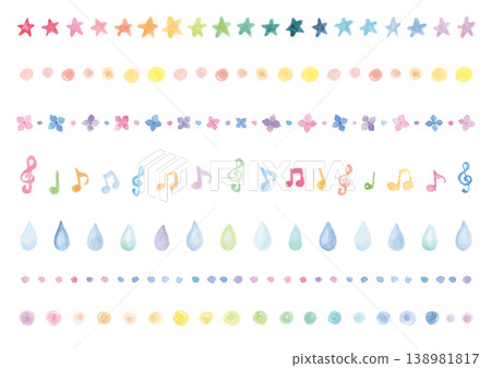 A set of 7 cute watercolor decorative lines featuring stars, musical notes, and more. 138981817