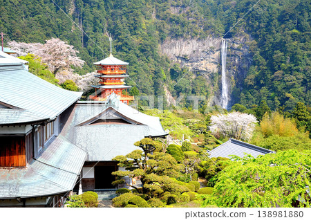 A distant view of Nachi Falls in spring, one of Japan's three most famous waterfalls, from the grounds of Nachi Taisha Shrine in Nachikatsuura Town, Wakayama Prefecture. A distant view of Nachi Falls in spring, one of Japan's three most famous waterfalls, from the grounds of Nachi Taisha Shrine in Nachikatsuura Town, Wakayama Prefecture. 138981880