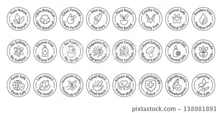 Organic cosmetics badges set, round eco labels with icons and text for packaging design, natural skincare certification stamps, clean beauty branding elements 138981891