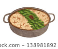 一幅用醬油和味噌燉煮的牛雜和蔬菜火鍋菜餚的插圖。 138981892