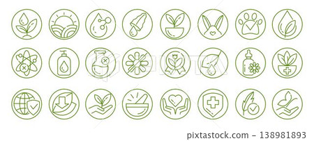 Green eco beauty badges set, round organic labels with natural cosmetic icons, Skincare wellness branding, clean line art badges Green eco beauty badges set, round organic labels with natural cosmetic icons, Skincare wellness branding, clean line art badges 138981893