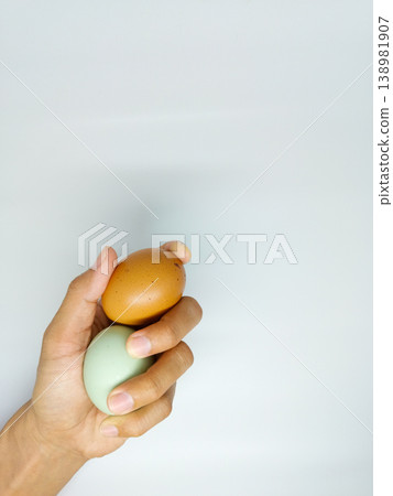 A male hand holding fresh chicken and duck eggs, one brown and one light green, against a plain white background. Focus on smooth shell texture and poultry farming theme A male hand holding fresh chicken and duck eggs, one brown and one light green, against a plain white background. Focus on smooth shell texture and poultry farming theme 138981907