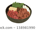 一幅火鍋菜餚的插圖，牛肉和蔬菜在甜鹹適口的湯汁中燉煮。 138981990