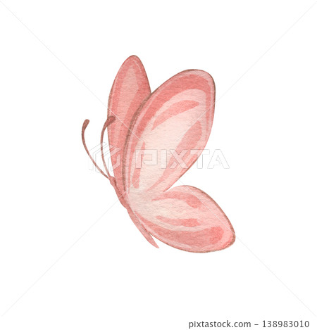 A butterfly with delicate pink wings and flying sideways. Watercolor illustration of hand-painted cliparts. Ideal for nursery decor, invitations, posters, packaging. A spring or summer decoration. A butterfly with delicate pink wings and flying sideways. Watercolor illustration of hand-painted cliparts. Ideal for nursery decor, invitations, posters, packaging. A spring or summer decoration. 138983010