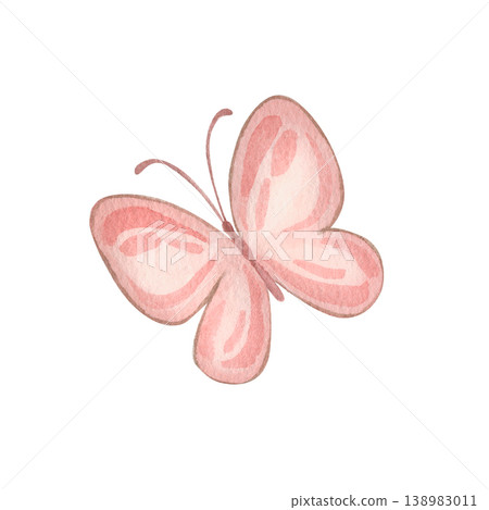 A butterfly with delicate pink open wings and flying. Watercolor illustration of hand-painted cliparts, children's baby shower. Perfect for nursery decor, invitations. A spring or summer decoration. A butterfly with delicate pink open wings and flying. Watercolor illustration of hand-painted cliparts, children's baby shower. Perfect for nursery decor, invitations. A spring or summer decoration. 138983011