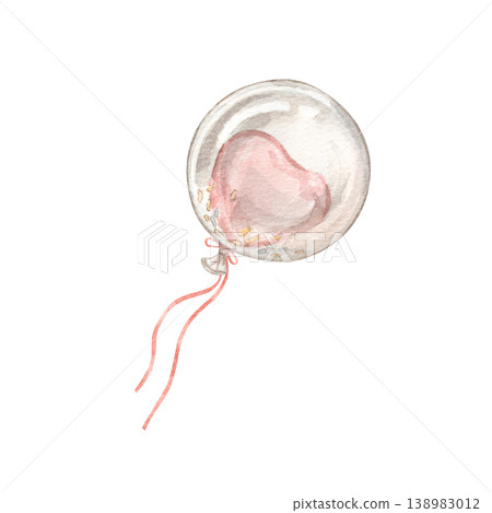 A transparent balloon with a pink heart inside and a ribbon. Watercolor illustration of baby shower.A festive balloon for a baby's birthday. A girly ball. Perfect for decoration, invitations, poster. A transparent balloon with a pink heart inside and a ribbon. Watercolor illustration of baby shower.A festive balloon for a baby's birthday. A girly ball. Perfect for decoration, invitations, poster. 138983012