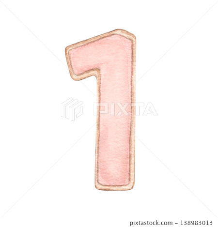 Number one is in pink, in the form of cookies. Watercolor illustration of a girly baby shower. One year old. Perfect for birthday decorations, invitations, posters, packaging, themed celebration. Number one is in pink, in the form of cookies. Watercolor illustration of a girly baby shower. One year old. Perfect for birthday decorations, invitations, posters, packaging, themed celebration. 138983013