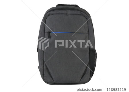 Front view of a minimalist grey backpack with blue zipper detail on transparent background Front view of a minimalist grey backpack with blue zipper detail on transparent background 138983219