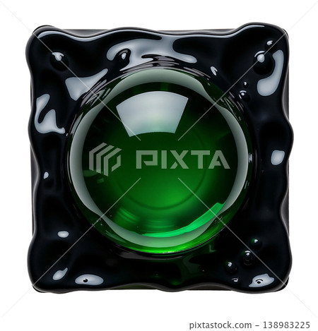 The image shows a decorative glass sphere in a deep green color, placed in a dark, textured square base The image shows a decorative glass sphere in a deep green color, placed in a dark, textured square base 138983225