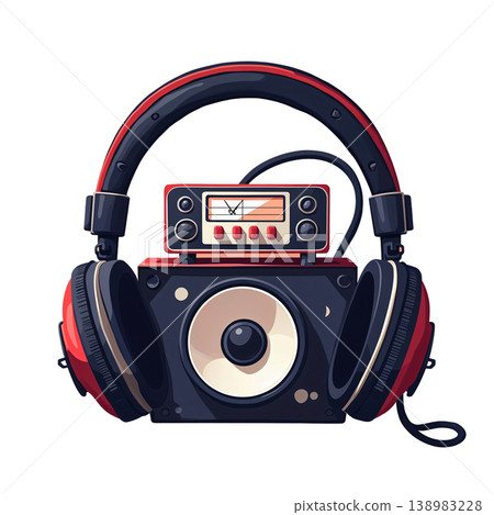 The image shows a stylized audio set, including a vintage radio and large headphones 138983228