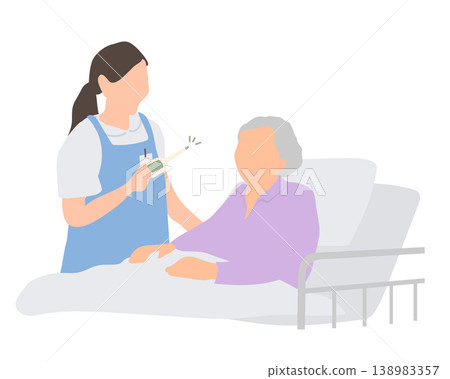 給老婦人測量體溫的場景 / 體溫測量、照護、照顧、醫院生活、病人 給老婦人測量體溫的場景 / 體溫測量、照護、照顧、醫院生活、病人 138983357