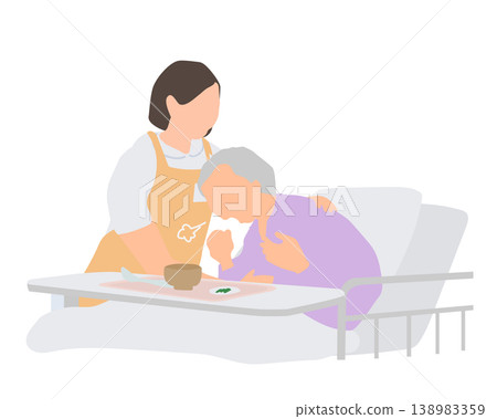 照顧一位進食時嗆咳的老婦人的場景 / 吸入性肺炎、餵食協助、護理 138983359