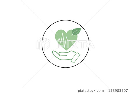 Green Heart Health Icon With Hand and Leaf Symbolizing Eco Wellness, Care and Sustainable Healthcare Green Heart Health Icon With Hand and Leaf Symbolizing Eco Wellness, Care and Sustainable Healthcare 138983507