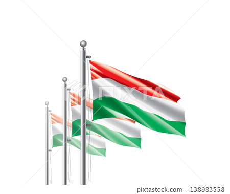 Brightly shining Hungarian flags wave proudly on tall masts during official celebration events Brightly shining Hungarian flags wave proudly on tall masts during official celebration events 138983558