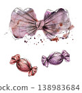 Ribbon bow and wrapped candy sweets hand drawn in pencil with loose watercolor bleeds, splatter in soft pastel tones. Handmade jewelry brands, fashion boutiques, craft chocolate packaging, gift tags 138983684