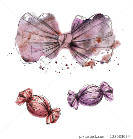 Ribbon bow and wrapped candy sweets hand drawn in pencil with loose watercolor bleeds, splatter in soft pastel tones. Handmade jewelry brands, fashion boutiques, craft chocolate packaging, gift tags Ribbon bow and wrapped candy sweets hand drawn in pencil with loose watercolor bleeds, splatter in soft pastel tones. Handmade jewelry brands, fashion boutiques, craft chocolate packaging, gift tags 138983684