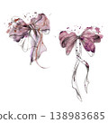 Elegant feminine silk or satin tied bows with long trailing ribbons. Hand drawn illustration with delicate pencil lines and watercolor wash. Christmas decoration, fashion atelier, coquettish accessory 138983685