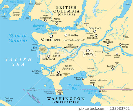 Greater Vancouver, British Columbia, Canada, political map, with largest cities and rivers. Also known as Metro Vancouver, a metropolitan area and geographic region, and part of Lower Mainland. Vector 138983761