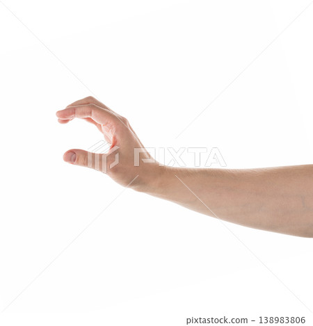 Young adult left man hand hold something isolated on white Young adult left man hand hold something isolated on white 138983806