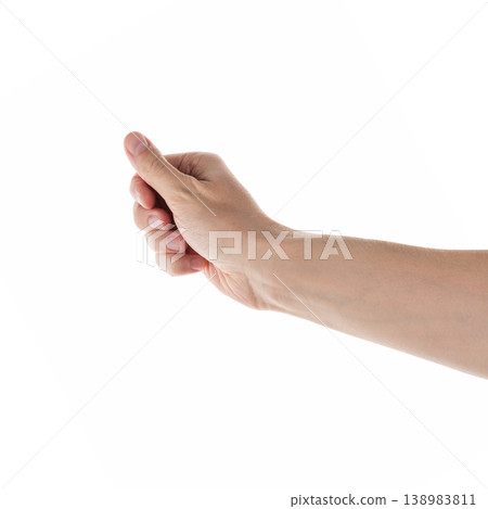 Young adult left man hand hold something isolated on white Young adult left man hand hold something isolated on white 138983811