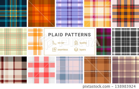 Seasonal plaid bundle year round marketing. Flexible tartan styles adapt campaigns easily. Vector structure allows reuse. 138983924