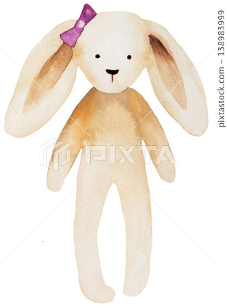 Watercolor pastel bunny with pink bow, beige rabbit with long ears, illustration for baby shower Watercolor pastel bunny with pink bow, beige rabbit with long ears, illustration for baby shower 138983999