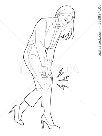 Knee pain, woman, black and white illustration 138984106