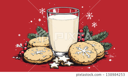 Milk and christmas cookies with festive decoration Milk and christmas cookies with festive decoration 138984253