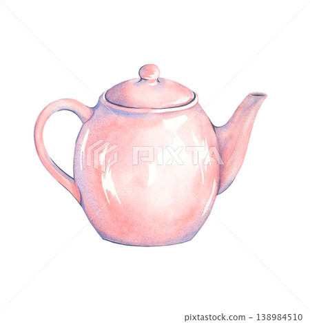 Watercolor porcelain vintage teapot for the tea ceremony. Ceramic accessory for morning tea. Insulated kitchenware, hand-painted. Toy teapot for a girl. Ideal for design, printing, and packaging. 138984510