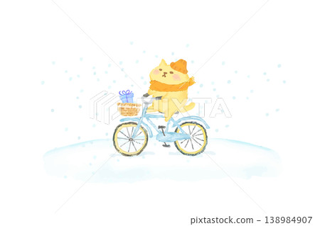 冬日里，一隻可愛的貓咪騎著腳踏車－水彩插畫素材 138984907