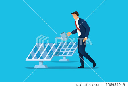 Businessman watering a solar panel plant for green energy investment concept. Businessman watering a solar panel plant for green energy investment concept. 138984949