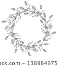 Lavender wreath made of branches, leaves and flowers forming a round frame. Botanical vector line illustration isolated on white background. Floral circle for wedding invitations, labels, packaging 138984975