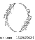 Oval double border with lavender branches on top left and bottom right. Botanical vector line illustration isolated on white background for wedding invites, cosmetic packaging and labels. 138985024