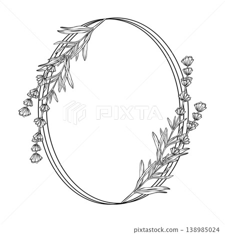 Oval double border with lavender branches on top left and bottom right. Botanical vector line illustration isolated on white background for wedding invites, cosmetic packaging and labels. 138985024