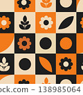 Minimal Retro Checker Floral Seamless Pattern with Geometric Shapes in 70s Style 138985064