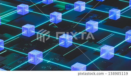 Blockchain network concept with connected cubes, decentralized data technology background. 3d rendering 138985119