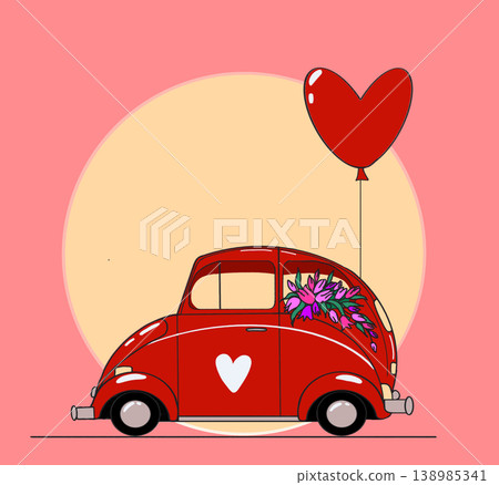 A cute hand-drawn red vintage car with heart balloon and floral decoration on a pink background. A cute hand-drawn red vintage car with heart balloon and floral decoration on a pink background. 138985341