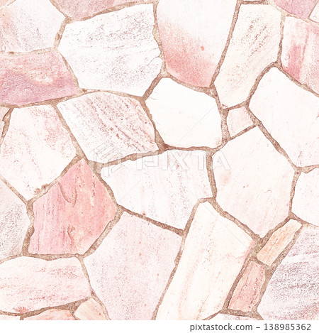 Square background image of a surface with bright, light red, irregularly shaped paving stones. 138985362