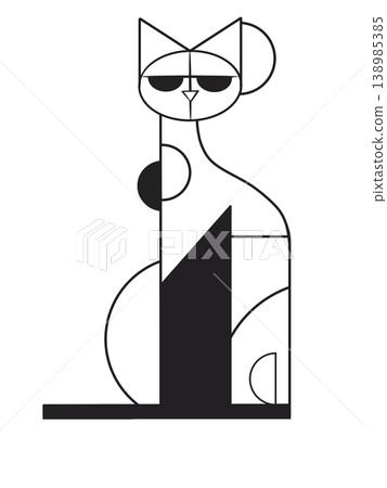 A minimalist black line cat illustration with geometric shapes on a white background. A minimalist black line cat illustration with geometric shapes on a white background. 138985385