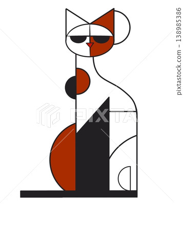 A minimalist geometric cat illustration in black, white, and orange on a white background. A minimalist geometric cat illustration in black, white, and orange on a white background. 138985386