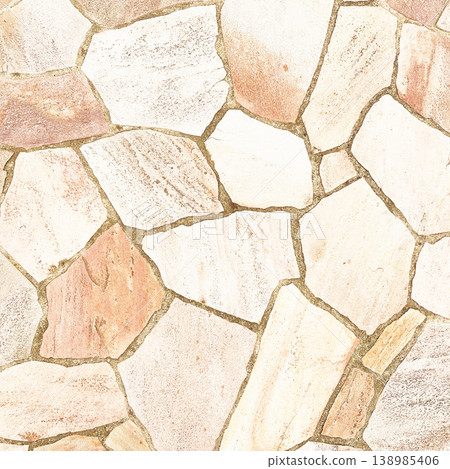 Square background image of a surface with irregularly shaped paving stones in a light white-brown color. 138985406