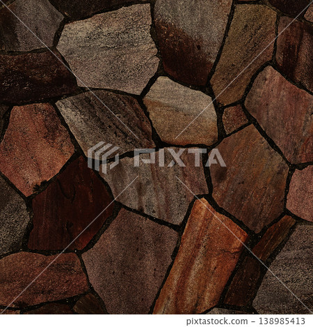Square background image of a surface with dark brown, irregularly shaped paving stones. 138985413