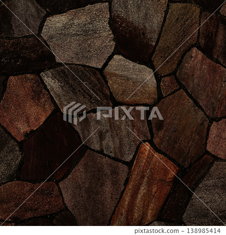 Square background image of a surface with irregularly shaped, dark brown paving stones. 138985414
