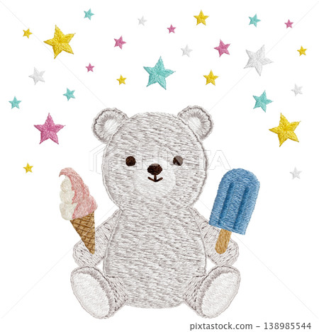 [Polar Bear, Ice Cream, and Stars] Hand-embroidered illustration material 138985544