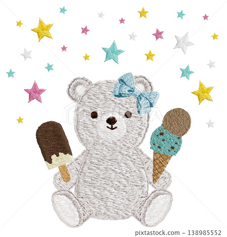 [Polar Bear, Ice Cream, and Stars] Hand-embroidered illustration material 138985552