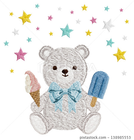 [Polar Bear, Ice Cream, and Stars] Hand-embroidered illustration material 138985553