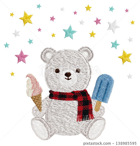 [Polar Bear, Ice Cream, and Stars] Hand-embroidered illustration material 138985595
