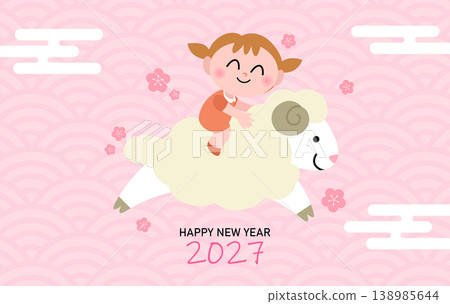Cute girl child riding zodiac sheep's back Cute girl child riding zodiac sheep's back 138985644